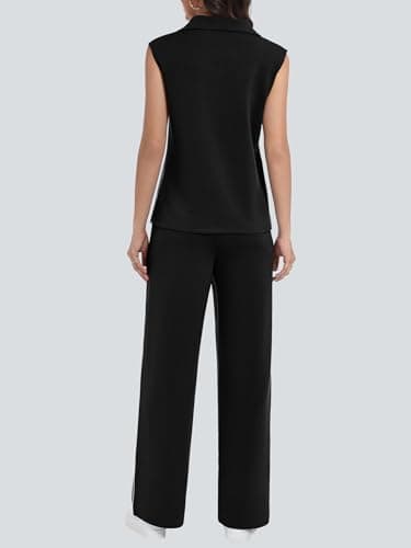 Casly Lamiit 2 Piece Sets for Women Summer Travel Outfits V Neck Half Zip Lapel Tank Top Striped Wide Leg Pants Matching Sets Sweatsuits Black 2XL - Thumbnail 4