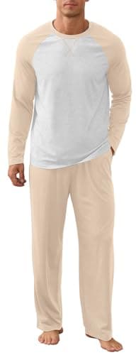 NITAGUT Men's Pajama Set Long Sleeve Sleepwear 2 Piece Loungewear with Pockets Soft Comfy Nightwear,Beige-S - Image 1