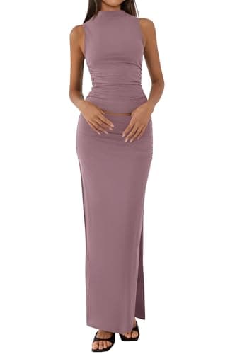 BTFBM Womens Two Piece Outfits Summer Lightweight 2026 Mock Neck Sleeveless Knit Tops Maxi Skirt Set Going Out Dress(Grey Purple, Small) - Image 1