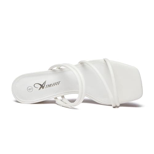 Athlefit Women's Square Open Toe Slip On Heeled Sandals Two Strap Wedding Dressy Block Chunky White Heels Sandals Size 8.5 - Thumbnail 4