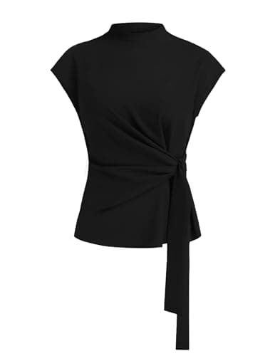 Zelroxa Womens Cap Sleeve Tops Wrap Tie Front Mock High Neck Elegant Blouses Blusas Business Dressy Casual Work Shirts Evening Sleeveless Formal Basic Tank Tops Office Attire Black - Image 1