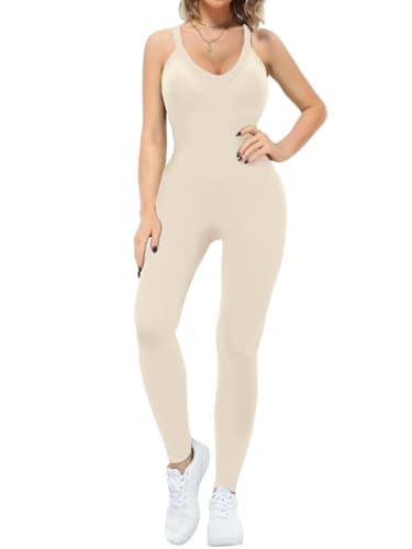VUTRU Workout Romper for Women Sexy Sleeveless Bodycon One Piece Bodysuit Shapewear Tummy Control Jumpsuits, Light Khaki XL - Image 1