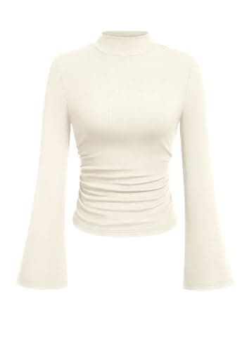 PRETTYGARDEN Womens Long Bell Sleeve Mock Neck Ribbed Tops (Beige,S) - Image 1