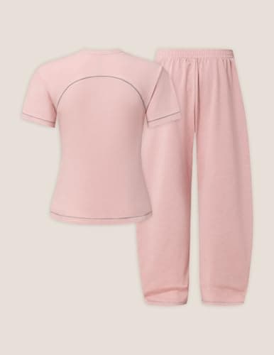 Aelfric Eden Cloud Slim Sweat Set 2 Piece Sets for Women Summer Short Sleeve Tops High Waist Baggy Barrel Pants Tracksuit Sets Pink Small - Thumbnail 4