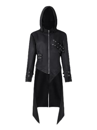Khanda Men Steam Punk Costume Vintage Gothic Jacket Halloween Costume Medieval Long Zipper Punk Jacket Steampunk Coat (Black, X-Large) - Image 1