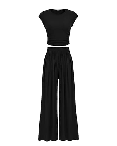 PRETTYGARDEN Women's Summer Two Piece Outfits Cap Sleeve Ruched Slim T Shirt Ribbed Knit Loose Fit Wide Leg Pant Sets(Black,Small) - Image 1