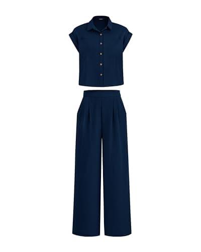 PRETTYGARDEN Womens 2 Piece sets Summer Cap Sleeve Tops Palazzo Pants Dressy Casual Vacation Travel Outfits Tracksuits(Navy,X-Large) - Image 1