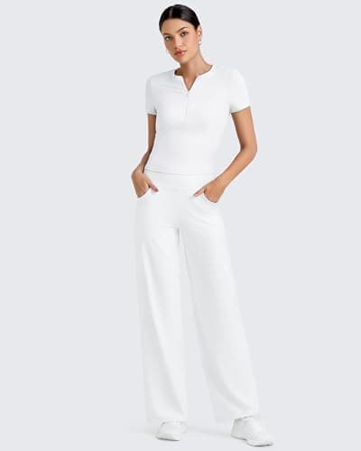 G4Free Womens Short Sleeve Tops Workout Quarter Zip Shirts Athletic Stretchy Slim Fit Ribbed Comfy Lightweight Gym Yoga Top (White,L) - Thumbnail 6