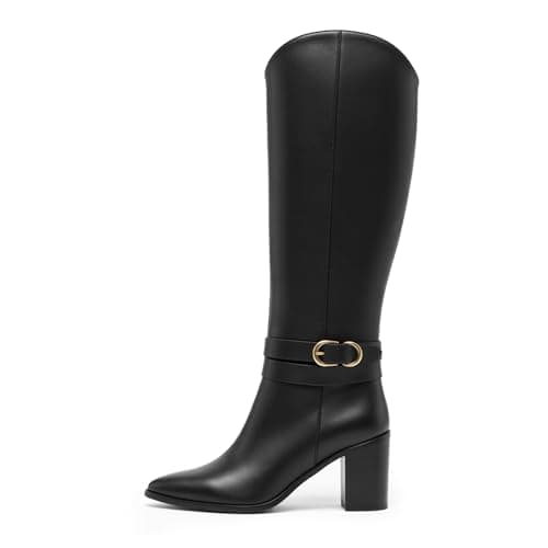WIRALOMI Buckle Boots for Women Knee High Side Zipper Boots Black Leather Pointed Toe Chunky High Heel Fall Boots,9.5 - Thumbnail 4
