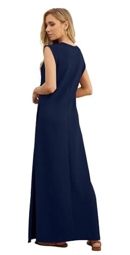 HiMONE 2026 Petite Women Year-Round Casual Round Neck Loose Split Wrinkle-Free Long Maxi Vacation Dress with Pockets Navy Blue - Thumbnail 4
