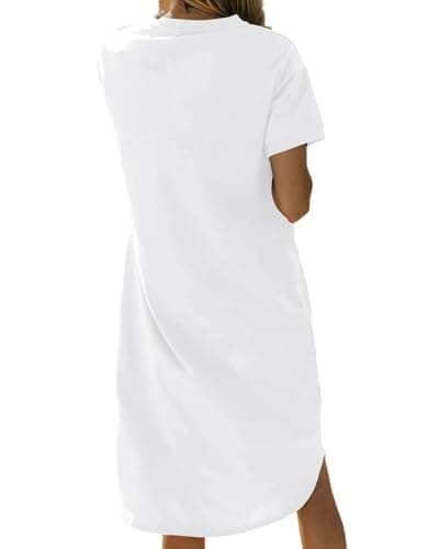 Dyexces Summer Dress for Women Crew Neck Short Sleeve Solid Basic T-Shirts Casual Midi Dresses with Pocket Z-White Small - Thumbnail 2
