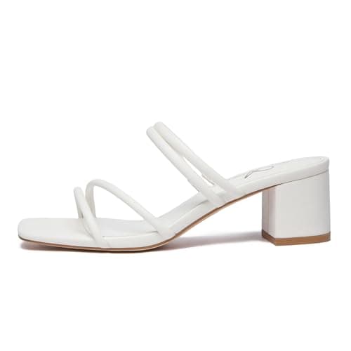 Athlefit Women's Square Open Toe Slip On Heeled Sandals Two Strap Wedding Dressy Block Chunky White Heels Sandals Size 8.5 - Thumbnail 3