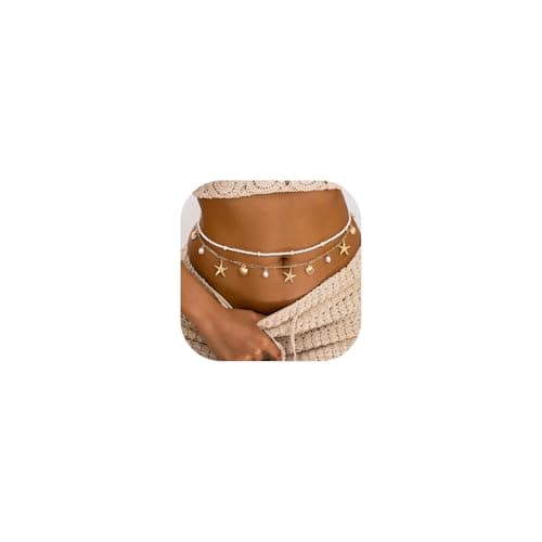 Gold Starfish Waist Chain for Women 2Pcs Adjustable Layered Belly Chain Bohemian Shell Beaded Bikini Body Chain for Beach, Summer Festival, Vacation & Boho Accessories - Image 1