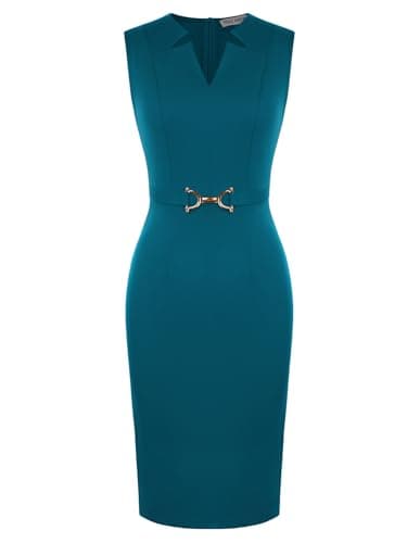 GRACE KARIN Work Dresses for Women 2026,V Neck Business Office Bodyon Dress,Sleeveless Pencil Semi Formal Midi Dress Peacock Blue S - Image 1