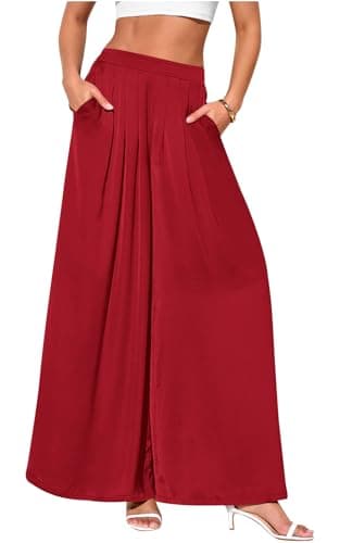 PRETTYGARDEN Spring Wide Leg Trousers Pants for Women High Waisted Flowy Long Work Pant Loose Fit Beach Vacation Outfits (Red, X-Large)