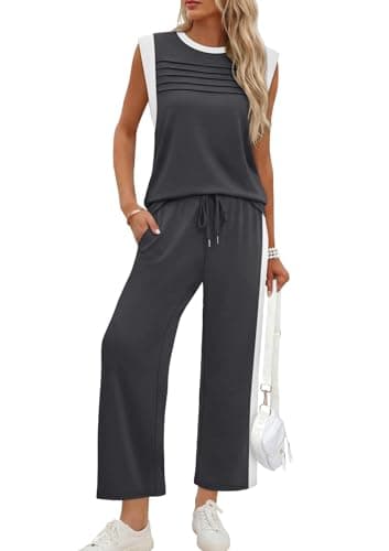 WIHOLL Workout Sets for Women Two Piece Outfits for Women Summer Travel Airport Cap Sleeve Tracksuit Workout Sets 2 Pc Lounge Sets Wide Leg Women's 2026 Spring Loungewear Casual Color Block Grey L - Thumbnail 2