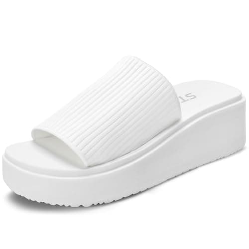 STQ Chunky Platform Sandals for Women Pillow Soft Slides Memory Foam Slide Sandals Cute Slip on Sandals, White, 11 US - Image 1