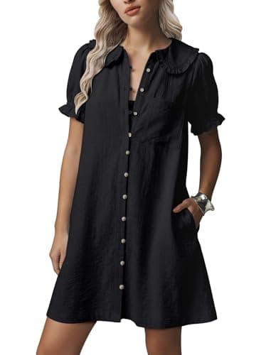 Theenkoln Womens Button Down Mini Dress:Oversized Peter Pan Collar Short Sleeve Flowy Baby Doll Dresses with Belt Black XL - Image 1