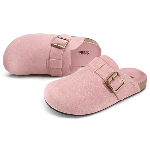 Stelle Suede Clogs for Women Men Potato Shoes with Arch Support Leather Cork Footbed Mules Slip on Home Slippers(Rose Clay,8) - Image 1