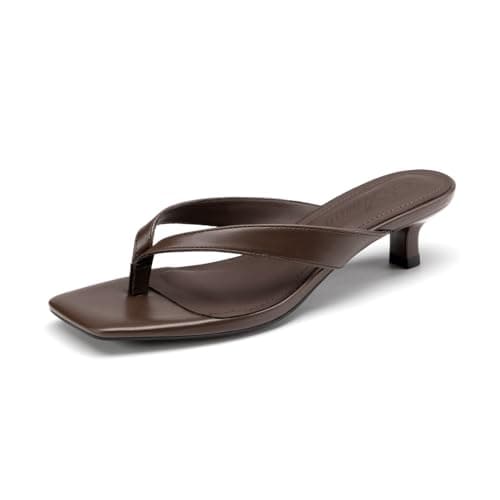 Athlefit Women's Kitten Heels Brown Flip Flops Square Toe Comfortable Low Heels Slip On Summer Heeled Thong Sandals Brown Size 6