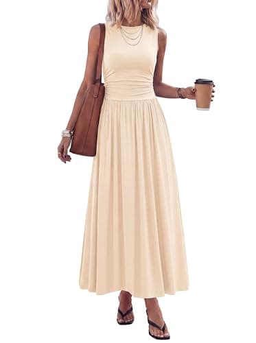 PRETTYGARDEN Summer Maxi Dresses for Women 2026 Sleeveless A Line Flowy Long Casual Sundress Wedding Guest Fashion Clothing (Beige,X-Large) - Image 1