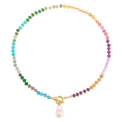 MPRAINBOW Beaded Gemstone Necklace for Women - 18K Gold Plated Beach Jewelry Baroque Pearl Pendant, Handmade Colorful Bead Boho Choker Summer Holiday Surfer Necklace Trendy Gift for Her - Image 1