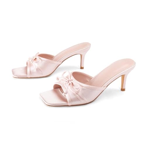 RUSAUISE Pink Mule Heels for Women Bow Kitten Heels Square Open Toe Stiletto Heeled Slide Sandals Slip On Dressy Sandals Size 9.5 - Thumbnail 4