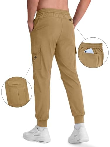 Crastimo Hiking Joggers Men Slim Fit Pants Elastic Waist Drawstring Stretch Sweatpants Cuffs Lightweight Casual Athletic Joggers Outdoor Running Khaki 3XL - Thumbnail 3