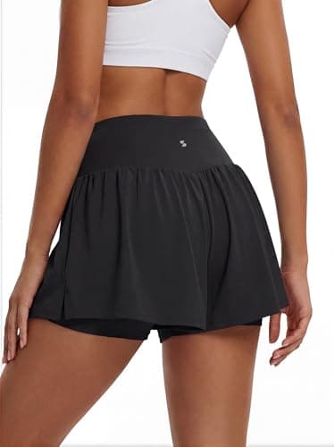 Stelle Women 2 in 1 Running Shorts Flowy Athletic Short High Waisted Workout Tennis Gym Short with Liner Pockets (Black, M) - Thumbnail 4