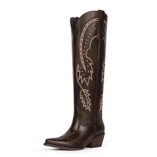 QIY Dark Brown Cow Girl Boots for Women Chocolate Western Cowboy Boots for Womens Coffee Rhinestone Cowgirl Pointed Toe Slip on Chunky Heel Nashville Boot Knee High Size 11 - Image 1