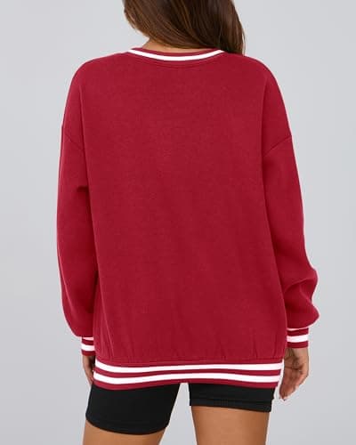 PRETTYGARDEN Women's Oversized Sweatshirts Casual Long Sleeve Stripes Knit V Neck Pullover Top Spring Preppy Clothes(Red,XX-Large) - Thumbnail 5