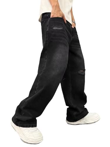 ALLABREVE Men's Baggy Hip Hop Jeans Y2k Wide Leg Denim Pants Relaxed Fit Skater Trousers Streetwear Black 01 - Thumbnail 2