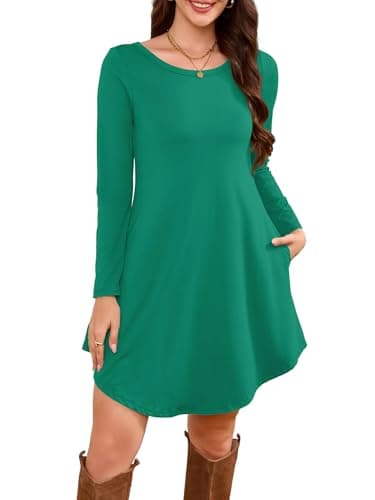 DEARCASE Women's Long Sleeve T Shirt Dress Emerald Green Medium Crewneck Knee Length Loose Casual Flowy Swing Tunic Dresses with Pockets - Image 1