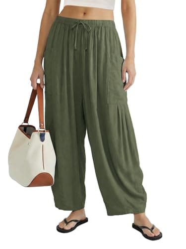 COCOMARTS Womens Linen Wide Leg Palazzo Pants Casual Loose Elastic Drawstring Flowy Pant 2025 Fall Travel Baggy Harem Pants with Pocket Green X-Large - Image 1