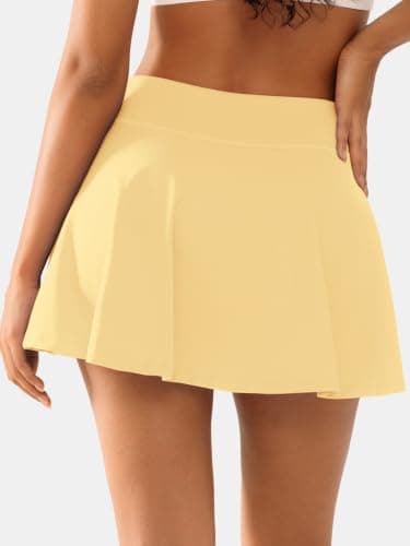 AFFOLE Women's Tennis Golf Skirts High Waisted with Pockets Inner Shorts for Athletic Skorts Sports Running Pickleball Light Yellow - Thumbnail 2