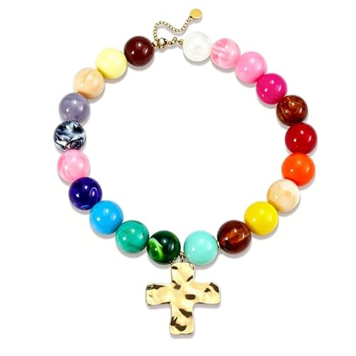 ANGLEQUEEN Chunky Beaded Necklace for Women, Gold Cross Large Colorful Resin Boho Statement Necklace, Summer Beach Daily Dress Jewelry (Cross-A)