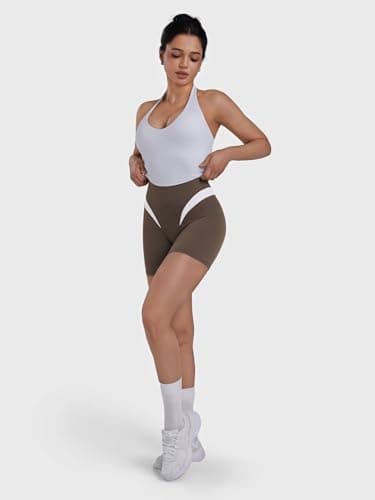 Sunzel Colorblock Biker Shorts Women High Waist Tummy Control – Buttery Soft Squat Proof No Front Seam Workout Spandex Shorts 4" Inseam Seal Brown-WH X-Large - Thumbnail 5