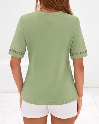 BTFBM Short Sleeve Shirts for Women 2026 Lace Summer Tops Spring Casual Loose Crew Neck T-Shirt Cute Vacation Outfits(Light Green, X-Large) - Thumbnail 3