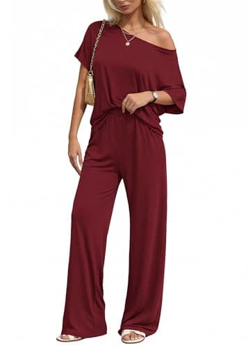 KIRUNDO Lounge Sets for Women Airport Travel Outfit 2026 Summer Off the Shoulder Tops Wide Leg Pants 2 Piece Matching Set(Burgundy, Medium) - Image 1