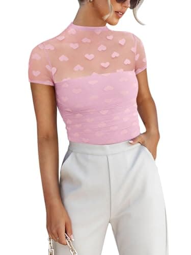 REORIA Sexy Bodysuits for Women Classic Mock Turtle Neck Short Sleeve Slim Fit Shirts Sheer Mesh Ruched Trendy Going Out Tops Cute Office Bodysuits Pink Heart Small - Image 1