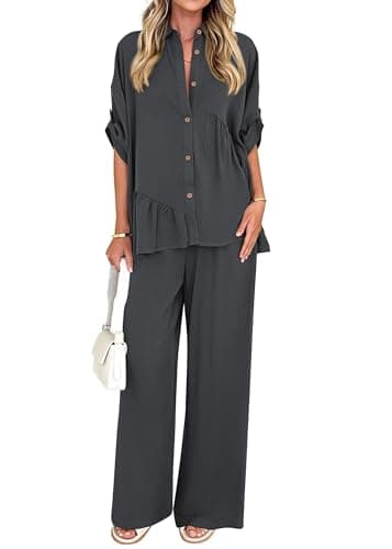 KIRUNDO Two Piece Sets for Women Spring Outfits 2026 Summer Fall Dressy Casual Button Down Shirt Wide Leg Pants Lounge Set(Dark Grey, X-Large) - Image 1