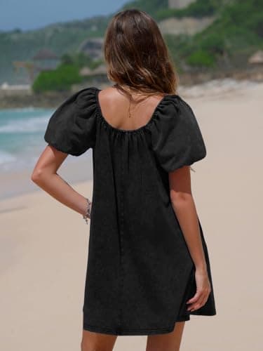 EXLURA Womens Summer Denim Short Puff Sleeve Dresses Knit Loose Plus Size Short Mini Dress 2026 Trendy Spring Outfits - Thumbnail 5