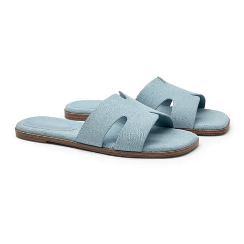 Rihero Women's Dressy Flat Sandals Square Open Toe Blue Sandals Comfortable Slip On Casual Summer Slides for Women Size 5.5 - Thumbnail 5