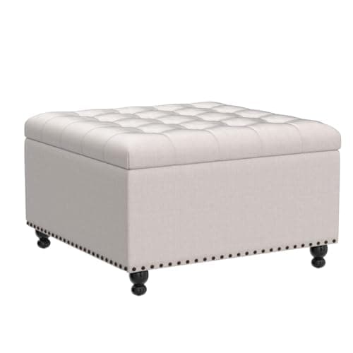 Tbfit Large Square Storage Ottoman Bench, Botton Tufted Upholstered Coffee Table with Wooden Legs, Oversized Storage Ottomans Toy Box Footrest for Living Room, Apartment, Beige - Thumbnail 4