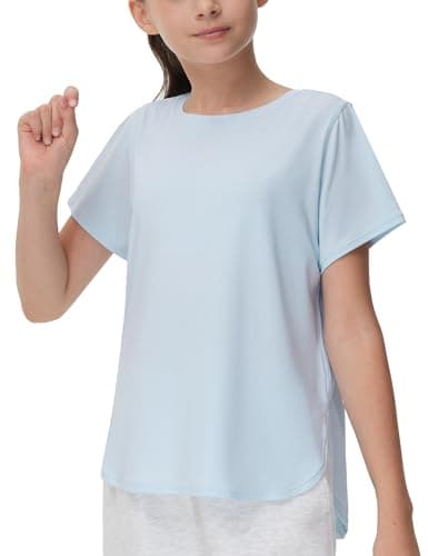 THE GYM PEOPLE Girl's Athletic Shirts Short Sleeve Workout Tops Kids Basic Tees with Side Slits Light Blue - Image 1