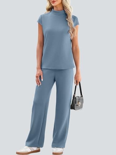 Casly Lamiit 2 Piece Outfits for Women Mock Neck 2 Piece Outfits Cap Sleeve Tops Pant Sets Summer Travel Airport Casual Beach Cruise Outfit Blue Grey XL - Thumbnail 2