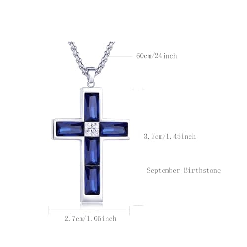 BAMIKI Cross Necklace for Men, Created Sapphire Blue Cubic Zirconia Pendant with 316L Stainless Steel, September Birthstone Necklace Faith Jewelry Gifts, Box Chain 24 Inch - Thumbnail 5