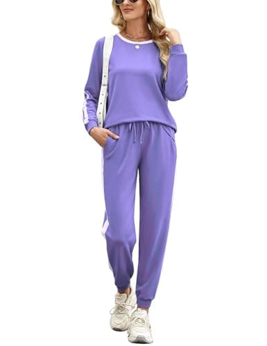 Marvmys Women 2 Pieces Sets Long Sleeve Track Suit Set Color Block Travel Outfits for Long Flight Purple L - Image 1