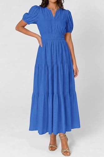 PRETTYGARDEN Womens Summer Maxi Dresses 2026 Casual Puff Sleeve V Neck Smocked Flowy Eyelet Cotton Dress Spring Sundress(Blue,X-Large) - Thumbnail 6