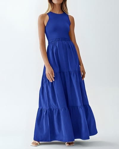 BTFBM Women Sleeveless Summer Dresses Wedding Guest Maxi Dresses Ribbed Knit Tops and Polyester Skirt with Pockets(Solid Blue,Small) - Thumbnail 2